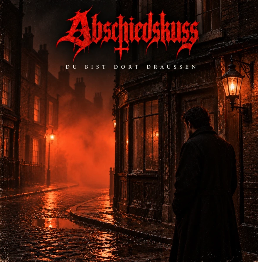 Warm lamplight cuts through a deserted street filled with red mist.