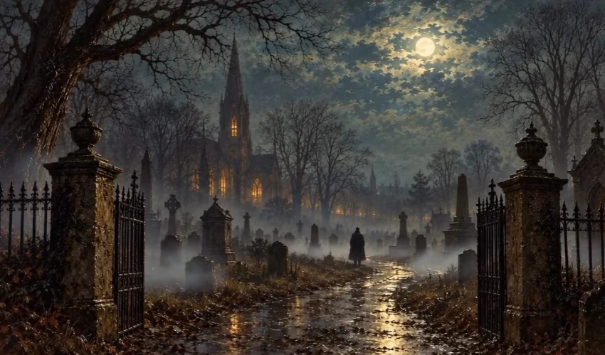 Open iron gates lead toward a church beneath a full moon