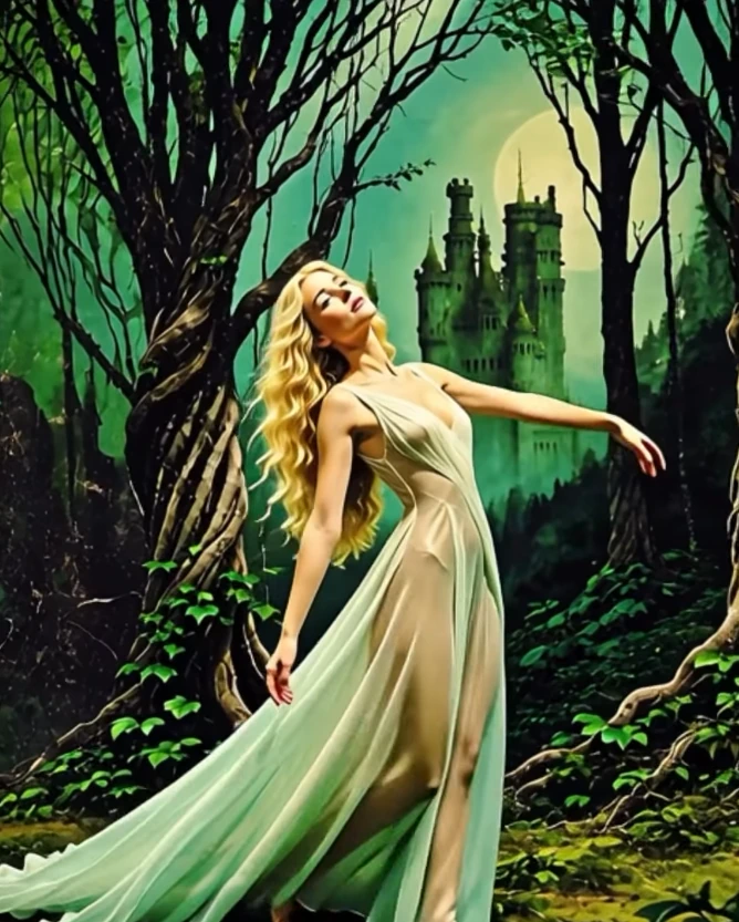 A figure in ivory beneath tangled branches and a green moon.