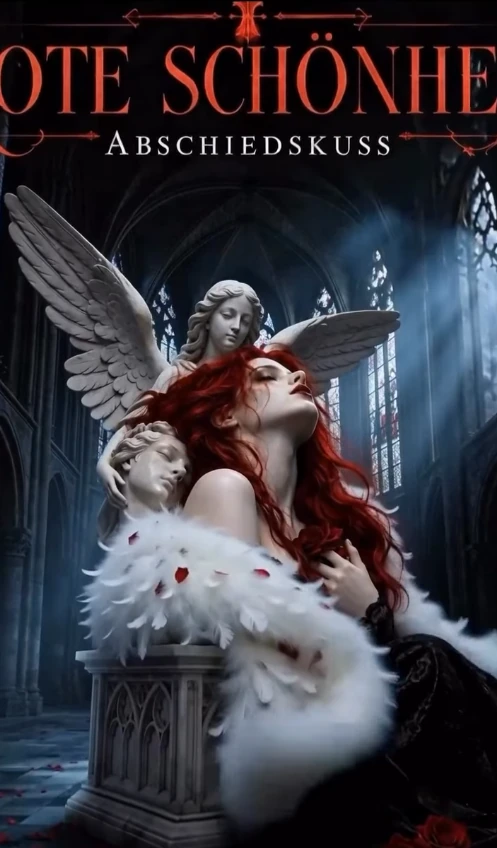 Red hair, pale feathers, and a stone angel inside a cathedral.
